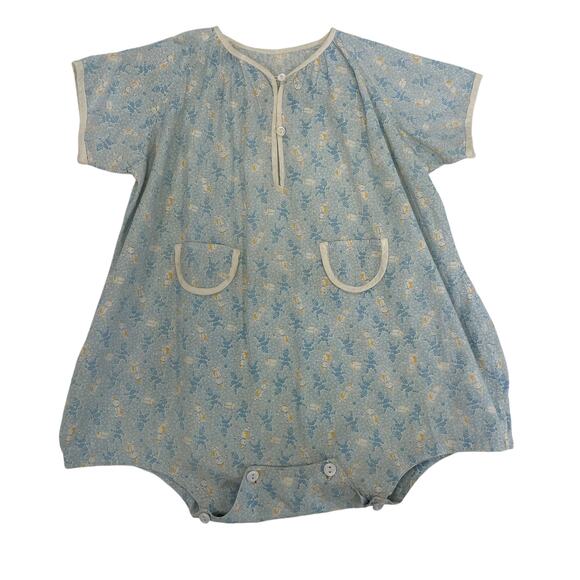 Vintage Handmade Blue Yellow Printed Short Sleeve Bubble One Piece Boys ASIS - Picture 1 of 5